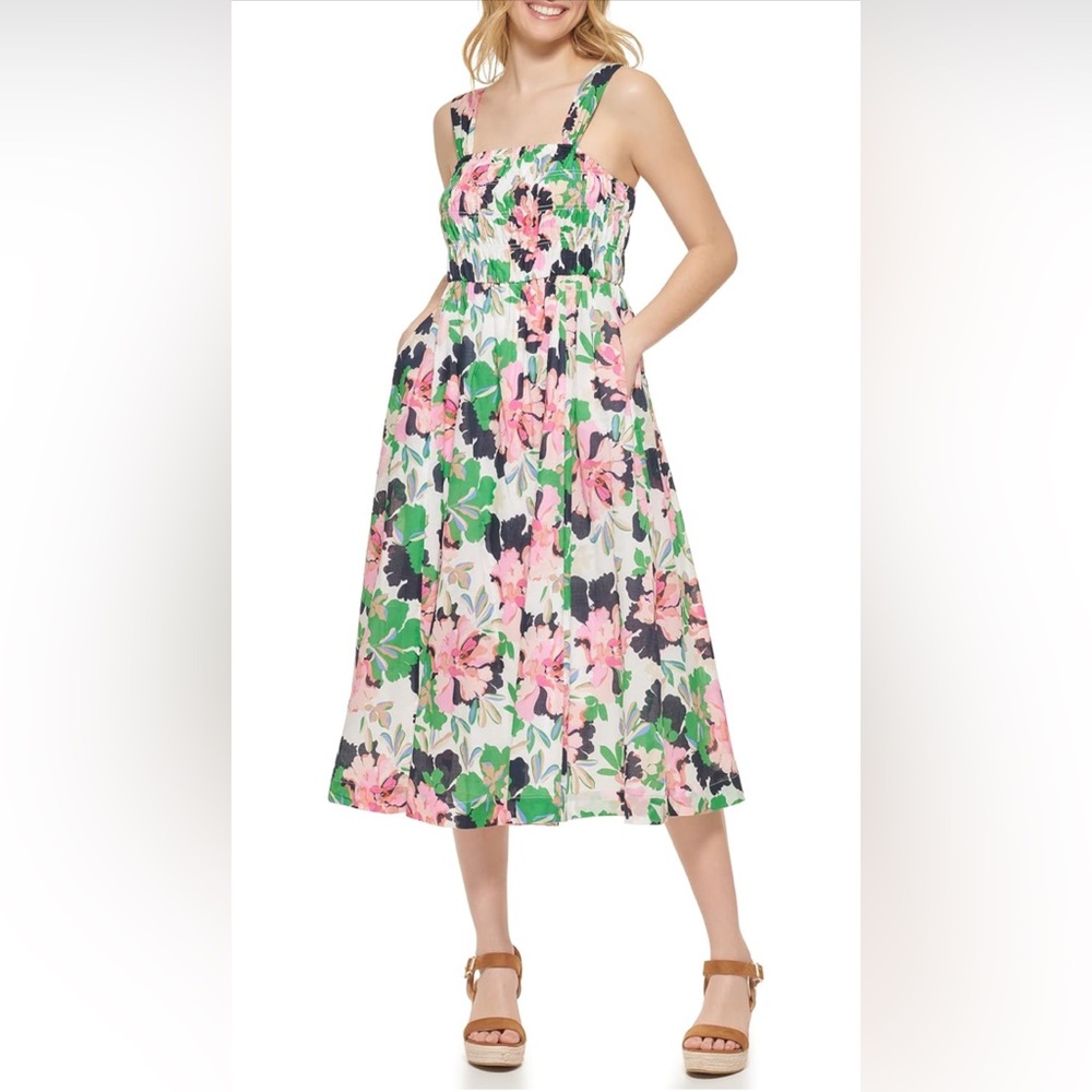 Tommy Hilfiger Women's Square Neck Smocked Floral Midi Dress